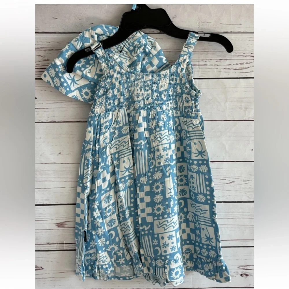 Volcom Girls Smocked Dress Size 5 Ice Blue Matching Hat Beachy NWT Retails $44